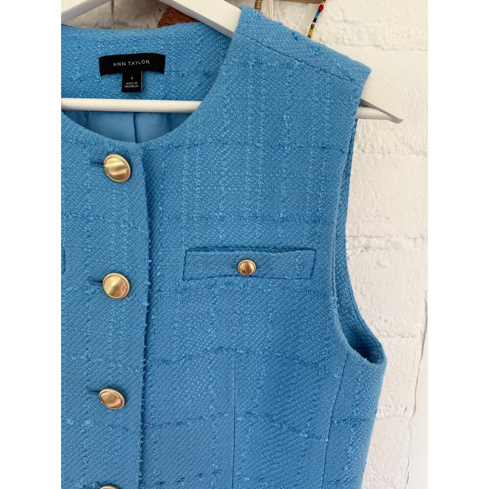 Ann Taylor Sky Blue Tweed Vest Skirt Set Gold Button Preppy Coastal 8 10 - Picture 2 of 12